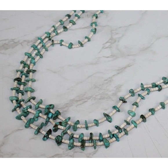 Vintage Navajo Turquoise Nugget and Coral 3 Strand Necklace - Picture 4 of 7